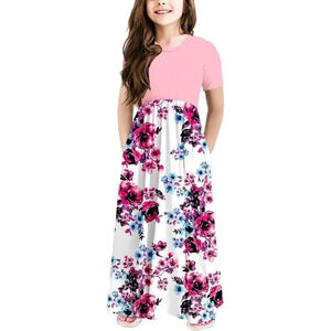 Girls Casual Dress  Short Sleeve Loose Fit Maxi Dresses with Pockets 5-13 Years